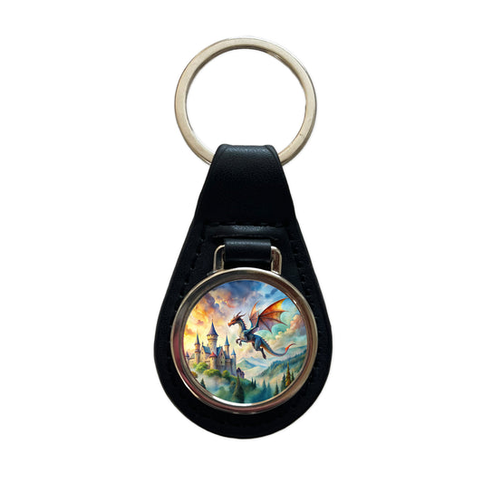 Dragon Flying Over Castle Watercolor Fantasy Black Leather Metal Keychain