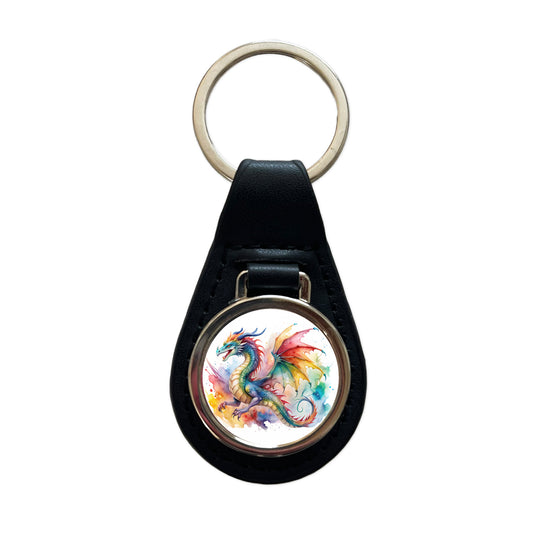 Dragon Watercolor Design Black Leather Metal Keychain