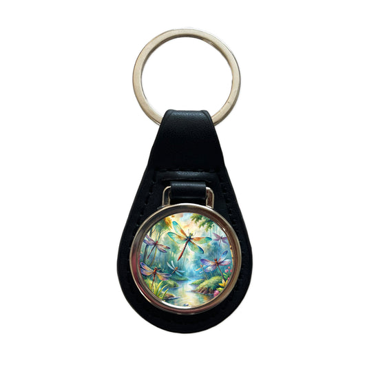 Dragonflies Forest Fantasy Watercolor Design Black Leather Metal Keychain
