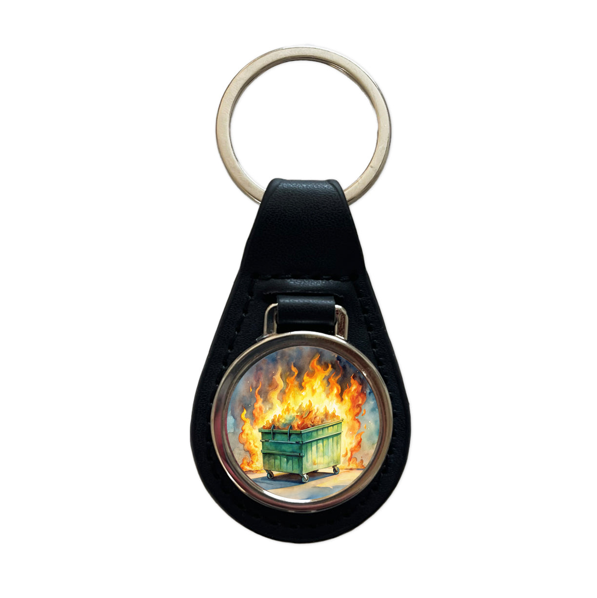 Dumpster Fire Watercolor Trash Black Leather Metal Keychain