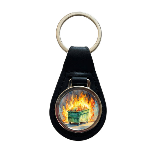 Dumpster Fire Watercolor Trash Black Leather Metal Keychain