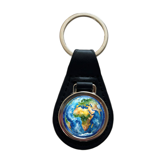 Earth Africa Asia Europe From Space Watercolor Black Leather Metal Keychain