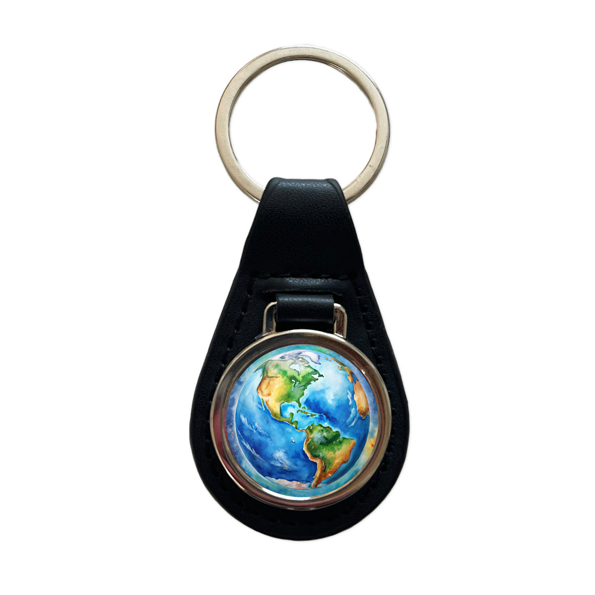 Earth North South America From Space Watercolor Black Leather Metal Keychain