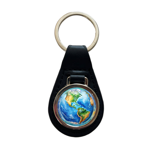 Earth North South America From Space Watercolor Black Leather Metal Keychain