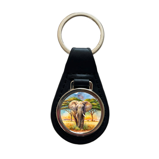 Elephant African Plain Watercolor Design Black Leather Metal Keychain