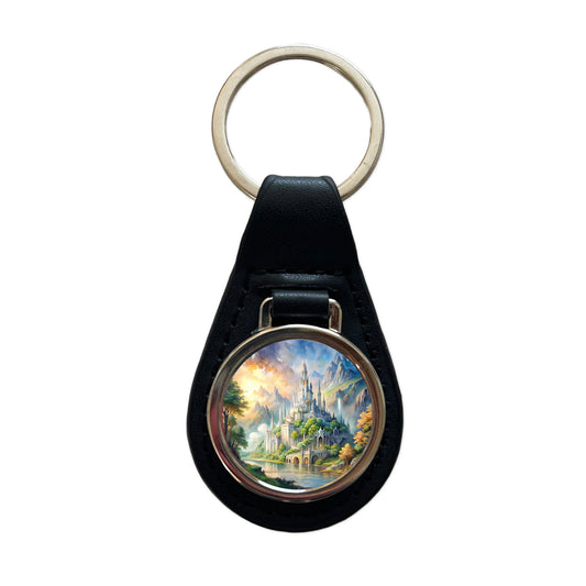 Elves Elvish Beautiful Fantasy Watercolor Black Leather Metal Keychain
