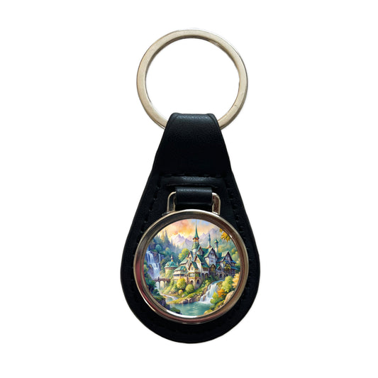 Elvish Elven Castle Fantasy Beautiful Watercolor Black Leather Metal Keychain