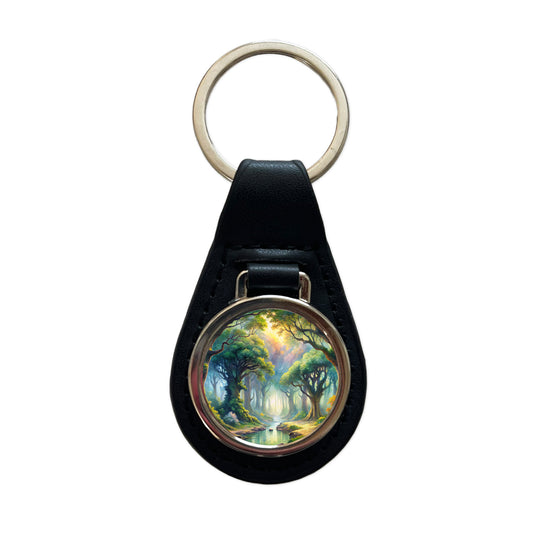 Elvish Elves Forest Fantasy Watercolor Design Black Leather Metal Keychain