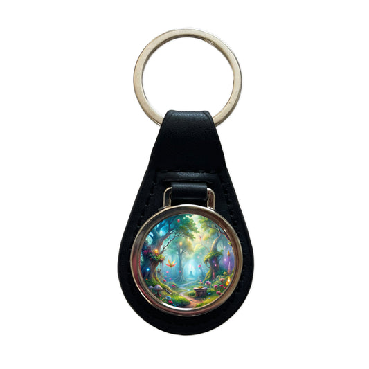Fairy Forest Fantasy Watercolor Beautiful Black Leather Metal Keychain