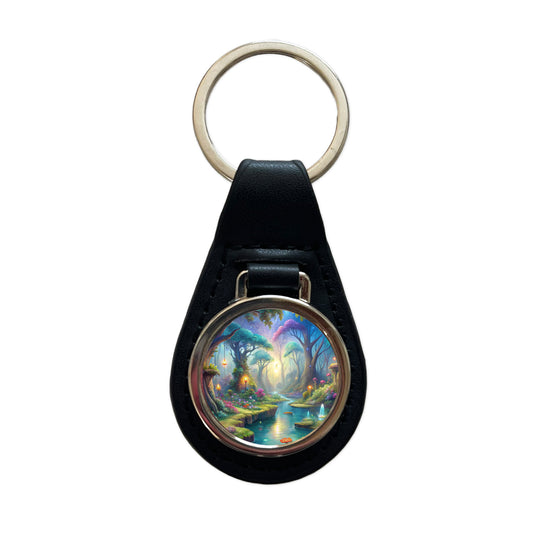 Fairy Forest Trees Fantasy Watercolor Design Black Leather Metal Keychain