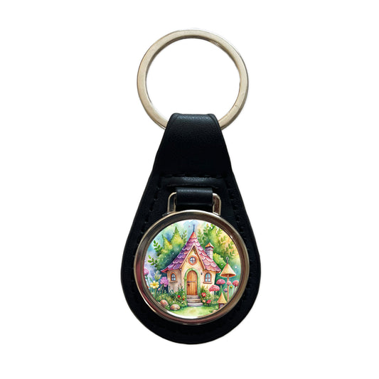 Fairy House Watercolor Adorable Black Leather Metal Keychain