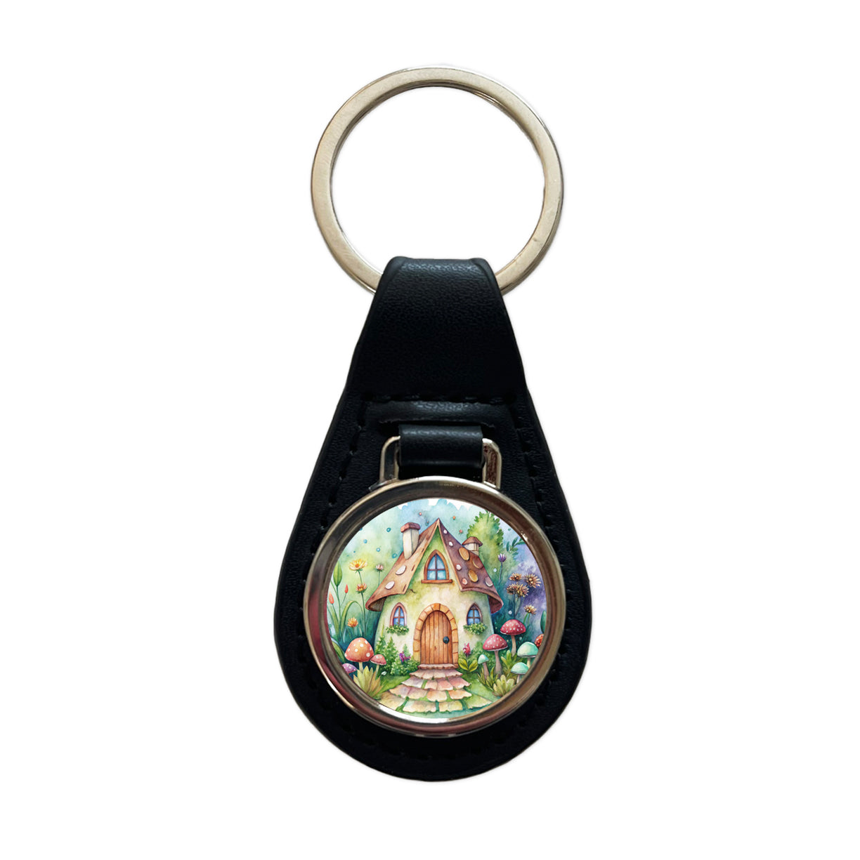 Fairy House Watercolor Black Leather Metal Keychain