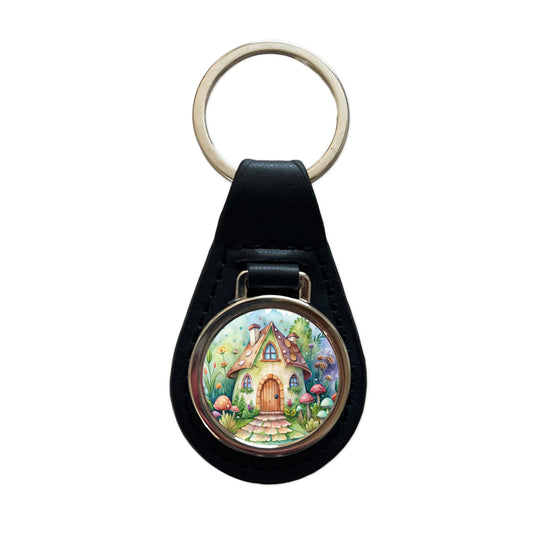 Fairy House Watercolor Black Leather Metal Keychain