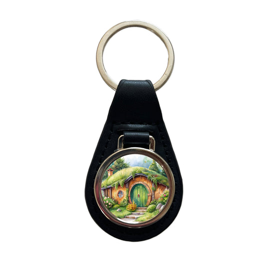 Fantasy House Grass Roof Watercolor Design Black Leather Metal Keychain