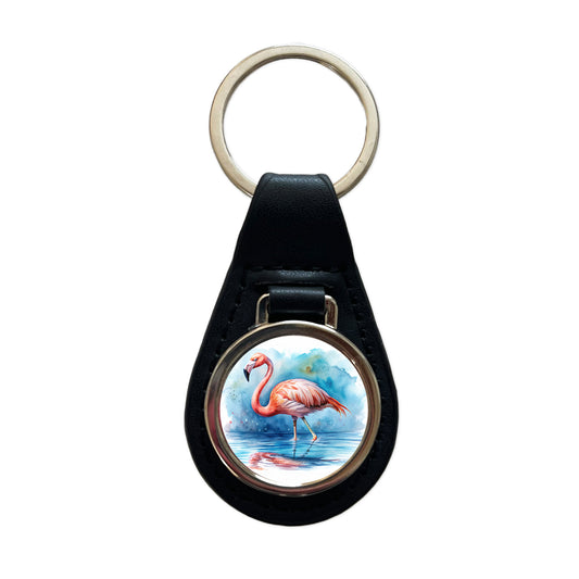 Flamingo Bird In Water Watercolor Black Leather Metal Keychain