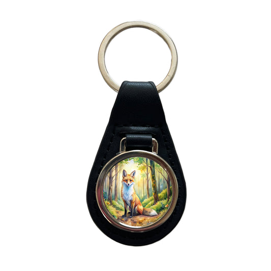 Fox Sitting In Forest Watercolor Black Leather Metal Keychain