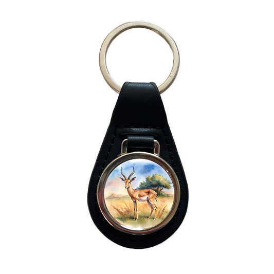 Gazelle African Plain Watercolor Design Black Leather Metal Keychain