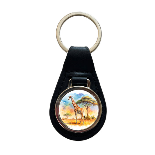 Giraffe African Plain Watercolor Design Black Leather Metal Keychain