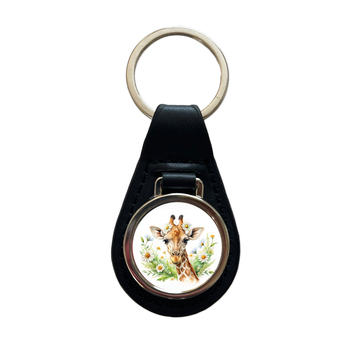 Giraffe Watercolor Design With Daisies Black Leather Metal Keychain