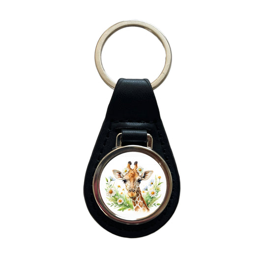 Giraffe Watercolor Design With Daisies Black Leather Metal Keychain