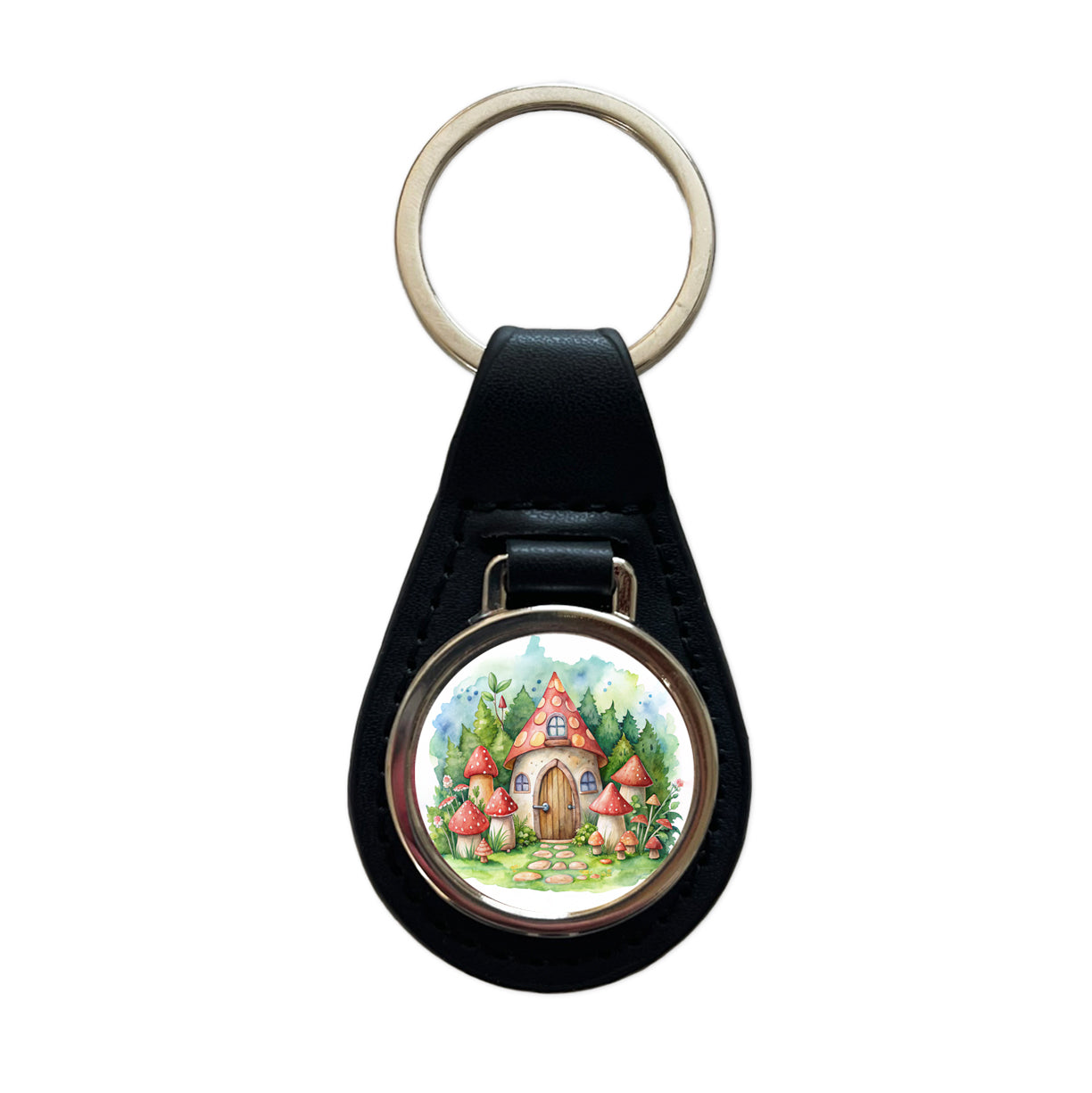 Gnome House Red Roof Watercolor Cute Black Leather Metal Keychain