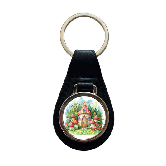 Gnome House Red Roof Watercolor Cute Black Leather Metal Keychain