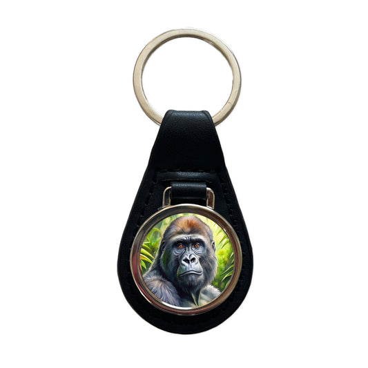 Gorilla In Rainforest Watercolor Black Leather Metal Keychain
