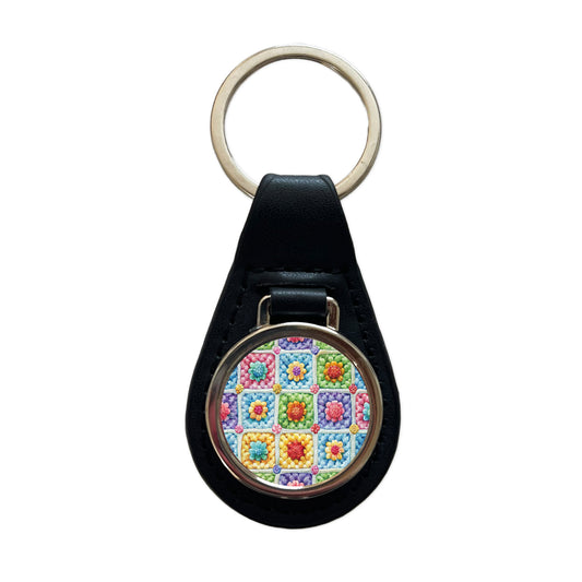 Granny Square Crochet Crocheting Pattern Watercolor Black Leather Metal Keychain