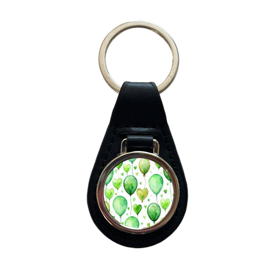 Green Balloons Hearts Watercolor Birthday Black Leather Metal Keychain