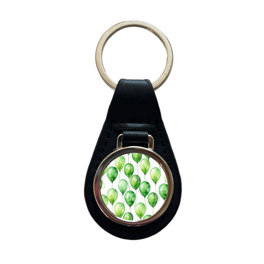 Green Balloons Watercolor Birthday Black Leather Metal Keychain