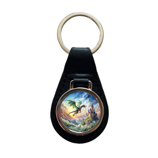 Green Dragon Flying Over Castle Watercolor Fantasy Black Leather Metal Keychain