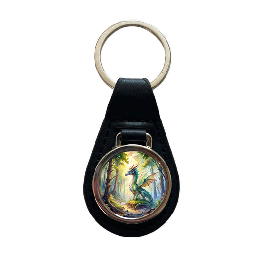 Green Dragon In Forest Watercolor Fantasy Black Leather Metal Keychain