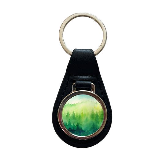 Green Forest Ombre Watercolor Black Leather Metal Keychain
