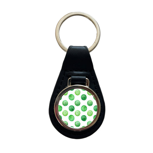 Green Polka Dots White Background Black Leather Metal Keychain