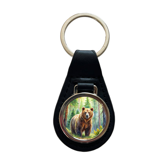 Grizzly Bear In Forest Watercolor Black Leather Metal Keychain