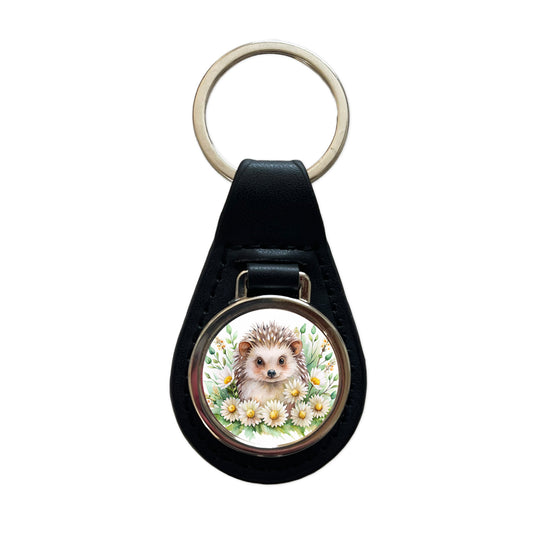 Hedgehog Watercolor Design With Daisies Black Leather Metal Keychain