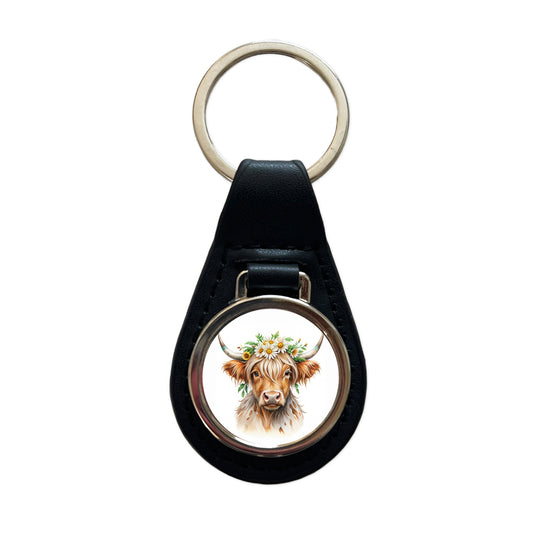 Highland Cow Watercolor Design With Daisies Black Leather Metal Keychain