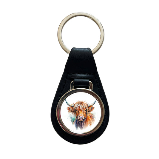 Highland Cow Watercolor Design Black Leather Metal Keychain