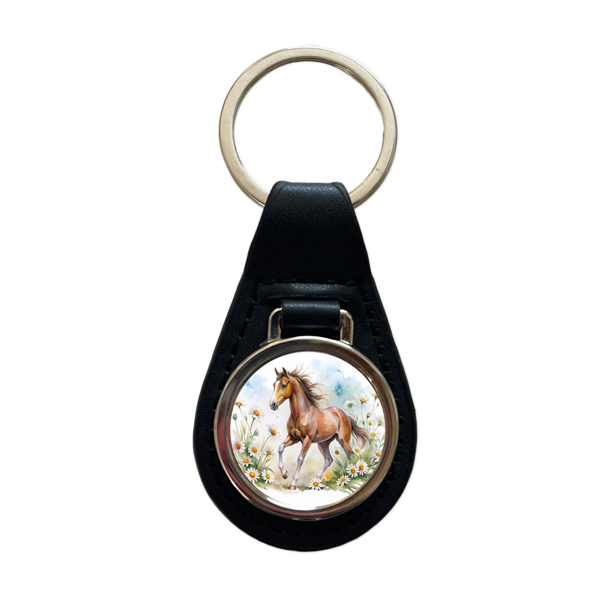 Horse Watercolor Design With Daisies Black Leather Metal Keychain