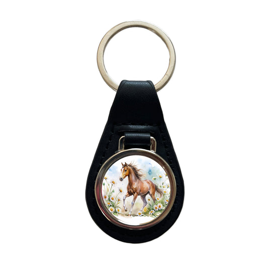 Horse Watercolor Design With Daisies Black Leather Metal Keychain