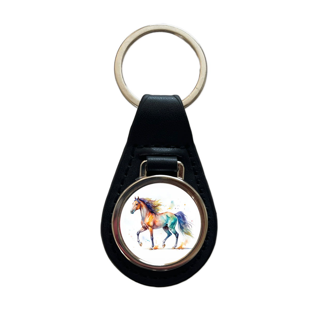 Horse Watercolor Design Black Leather Metal Keychain