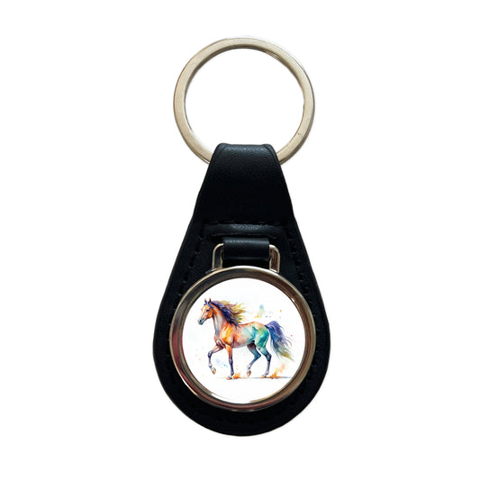 Horse Watercolor Design Black Leather Metal Keychain