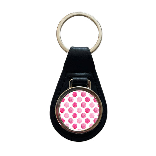 Hot Pink Polka Dots White Background Black Leather Metal Keychain