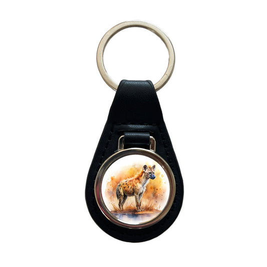 Hyena African Plain Watercolor Design Black Leather Metal Keychain
