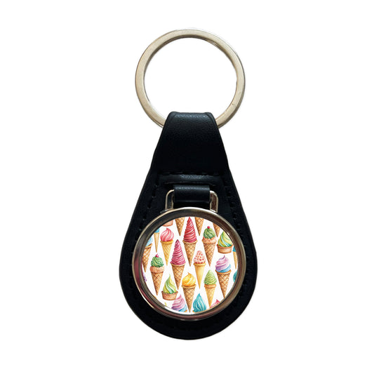 Ice Cream Cones Colorful Black Leather Metal Keychain