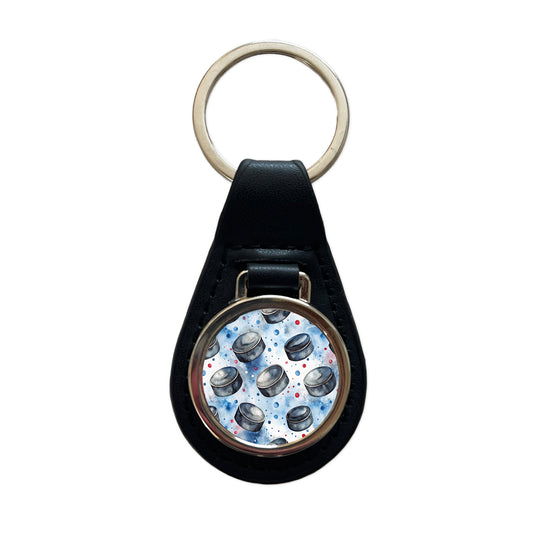 Ice Hockey Pucks Watercolor Black Leather Metal Keychain