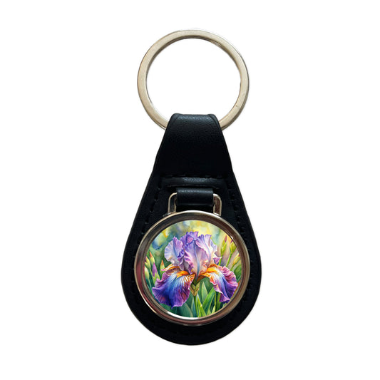 Iris Purple Flowers Watercolor Black Leather Metal Keychain