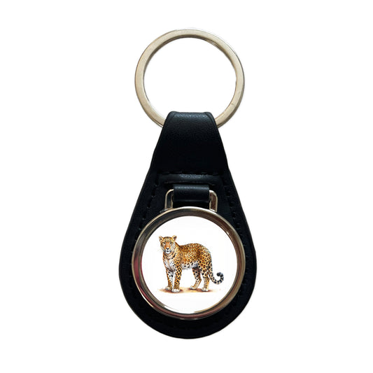 Leopard Print Watercolor Black Leather Metal Keychain
