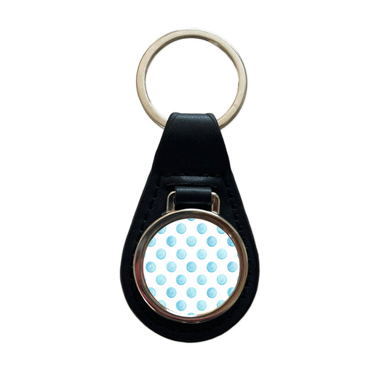 Light Blue Polka Dots White Background Black Leather Metal Keychain