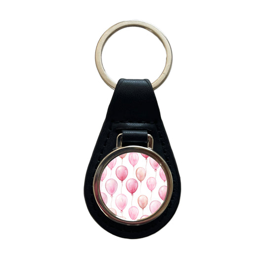 Light Pink Balloons Watercolor Birthday Black Leather Metal Keychain